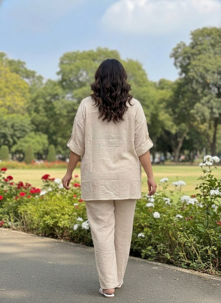 Beige Plus Size Linen Co Ord Set Women