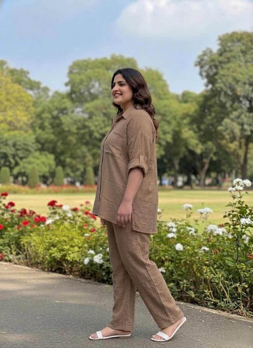 Light Brown Plus Size Cotton Co Ord Set