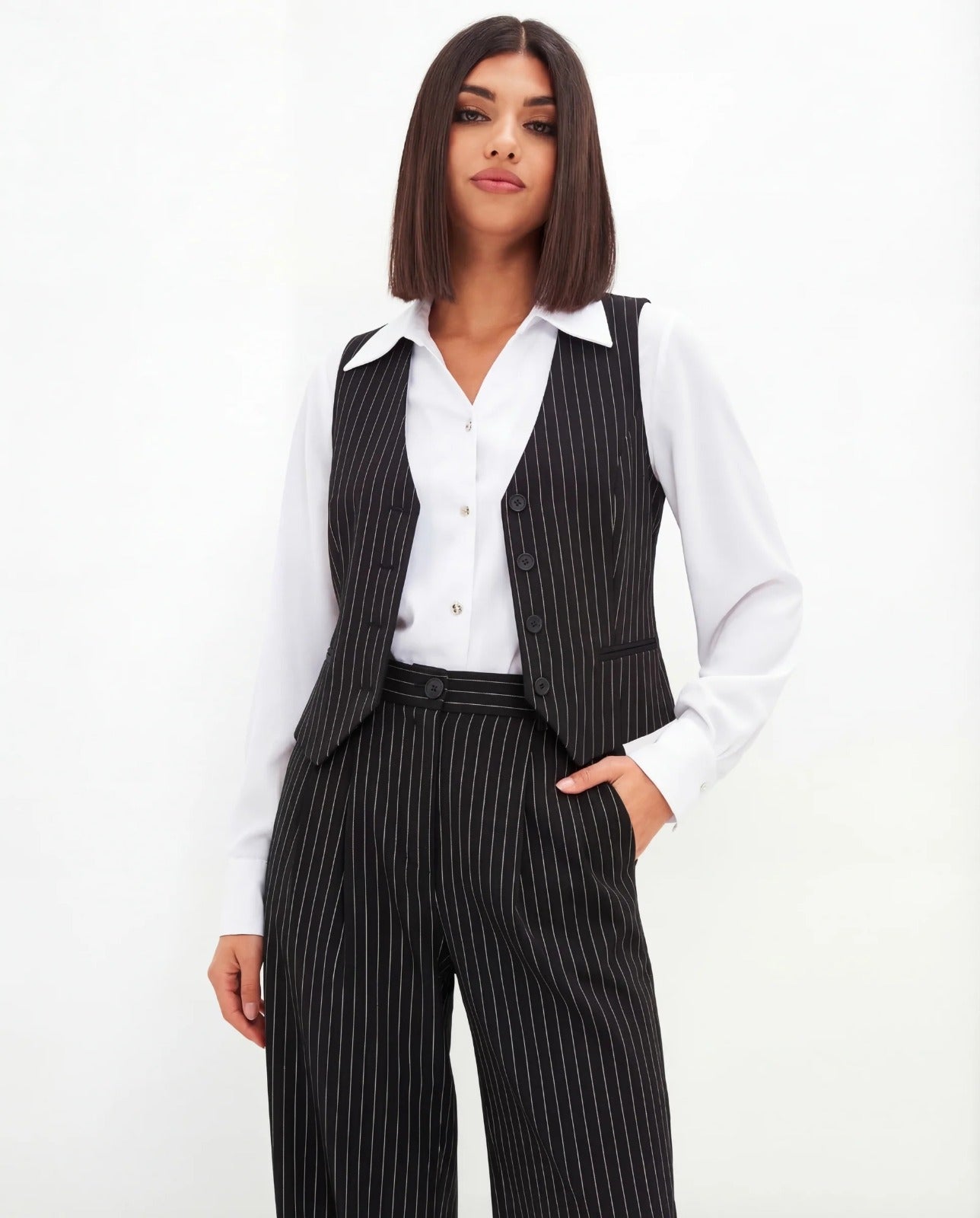 KOTTY Women Pinstripe Waistcoat Trousers Co-ord Set