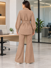 Kotty Women Beige Belted Shirt Trouser Co-ord Set