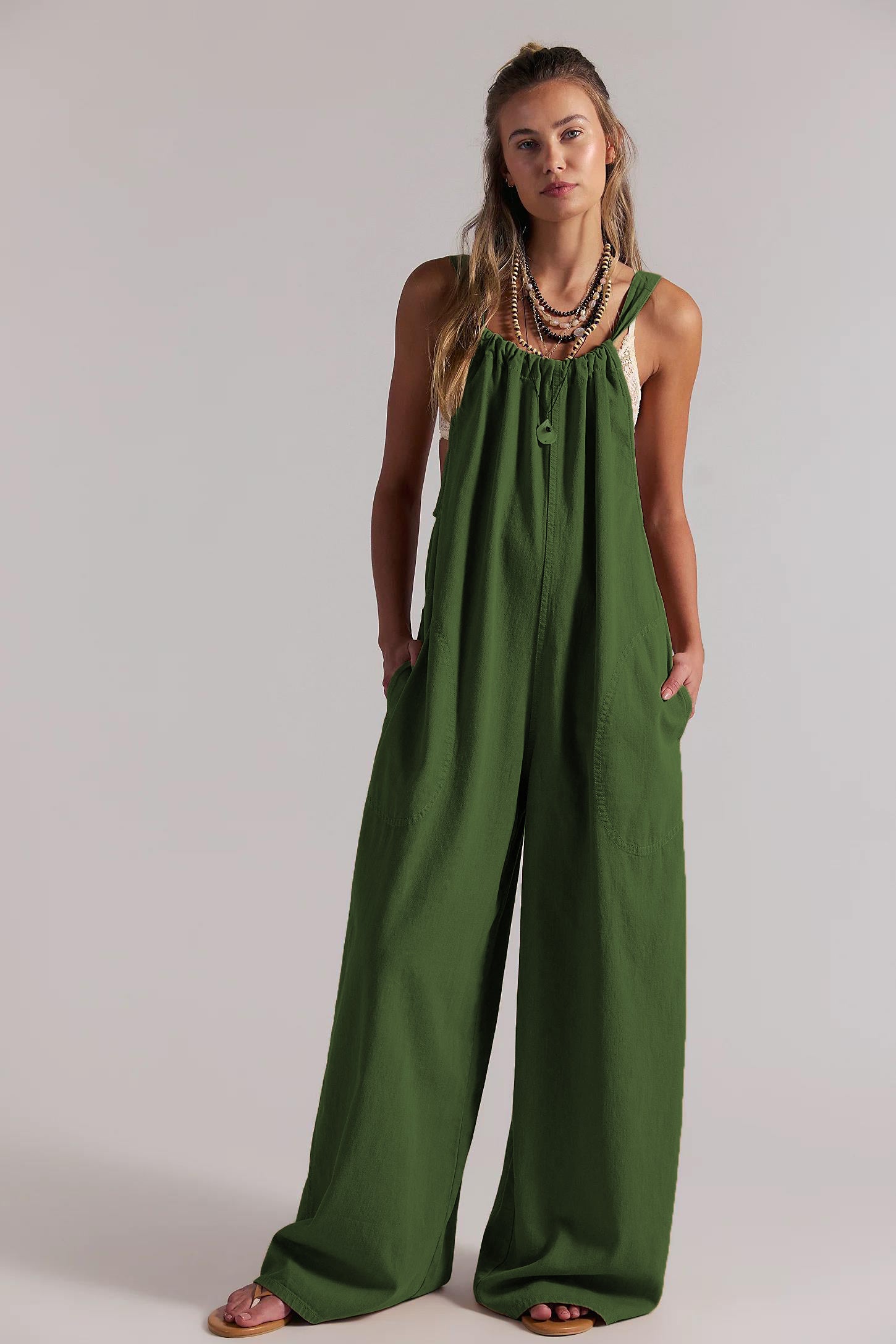 Women's Olive Green Sleeveless Wide Leg Jumpsuit with Pockets