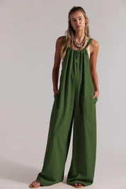 Women's Olive Green Sleeveless Wide Leg Jumpsuit with Pockets