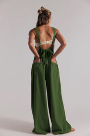 Women's Olive Green Sleeveless Wide Leg Jumpsuit with Pockets