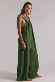 Women's Olive Green Sleeveless Wide Leg Jumpsuit with Pockets