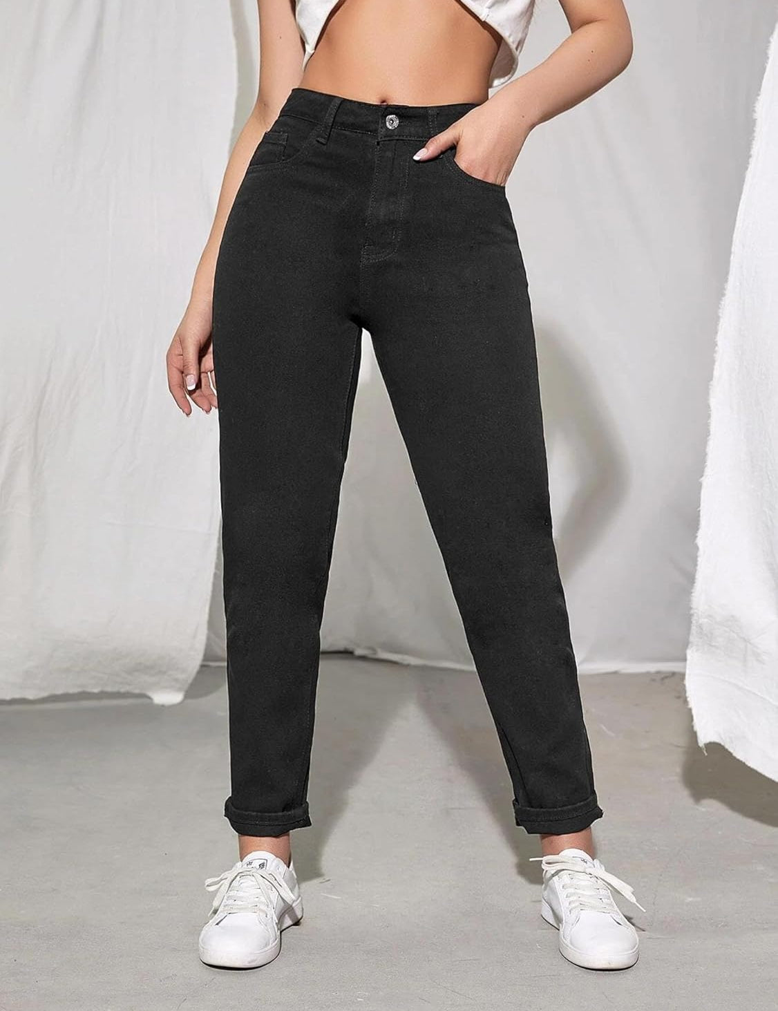 KOTTY Women's High Rise Cotton Lycra Blend Ankle Length Slim fit Jeans Jet Black