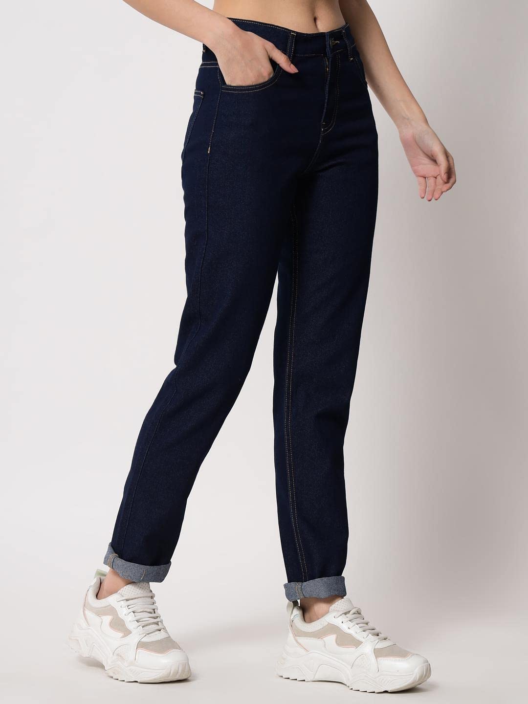 KOTTY Women's High Rise Cotton Lycra Blend Ankle Length Slim fit Jeans Dark Blue
