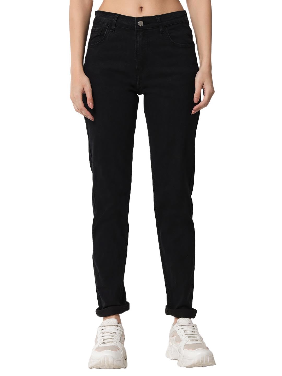KOTTY Women's High Rise Cotton Lycra Blend Ankle Length Slim fit Jeans Oil Black