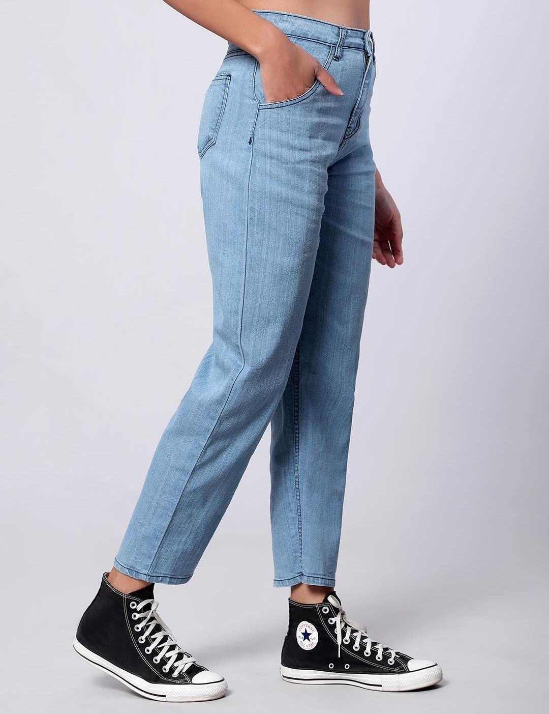 KOTTY Women's High Rise Cotton Lycra Blend Ankle Length Relaxed Fit Jeans Light Blue
