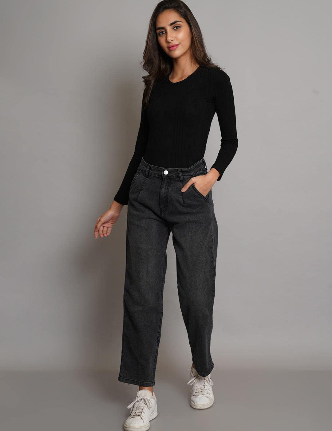 KOTTY Women's High Rise Cotton Lycra Blend Ankle Length Relaxed Fit Jeans Jade Black