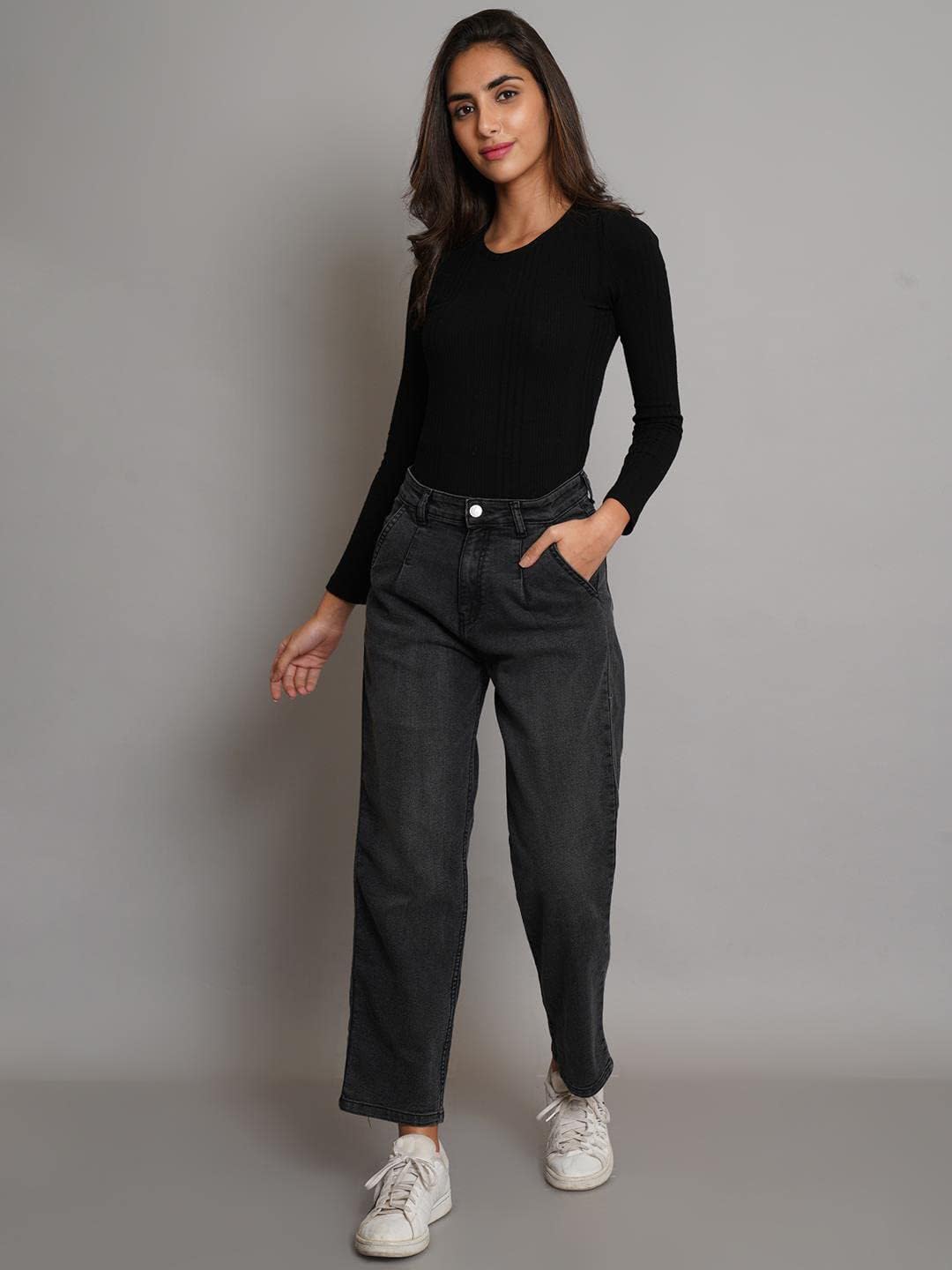 KOTTY Women's High Rise Cotton Lycra Blend Ankle Length Relaxed Fit Jeans Jade Black