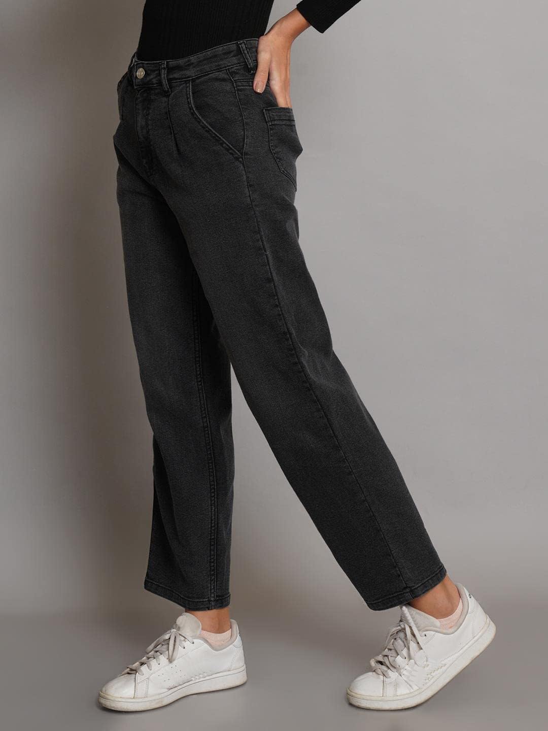 KOTTY Women's High Rise Cotton Lycra Blend Ankle Length Relaxed Fit Jeans Jade Black
