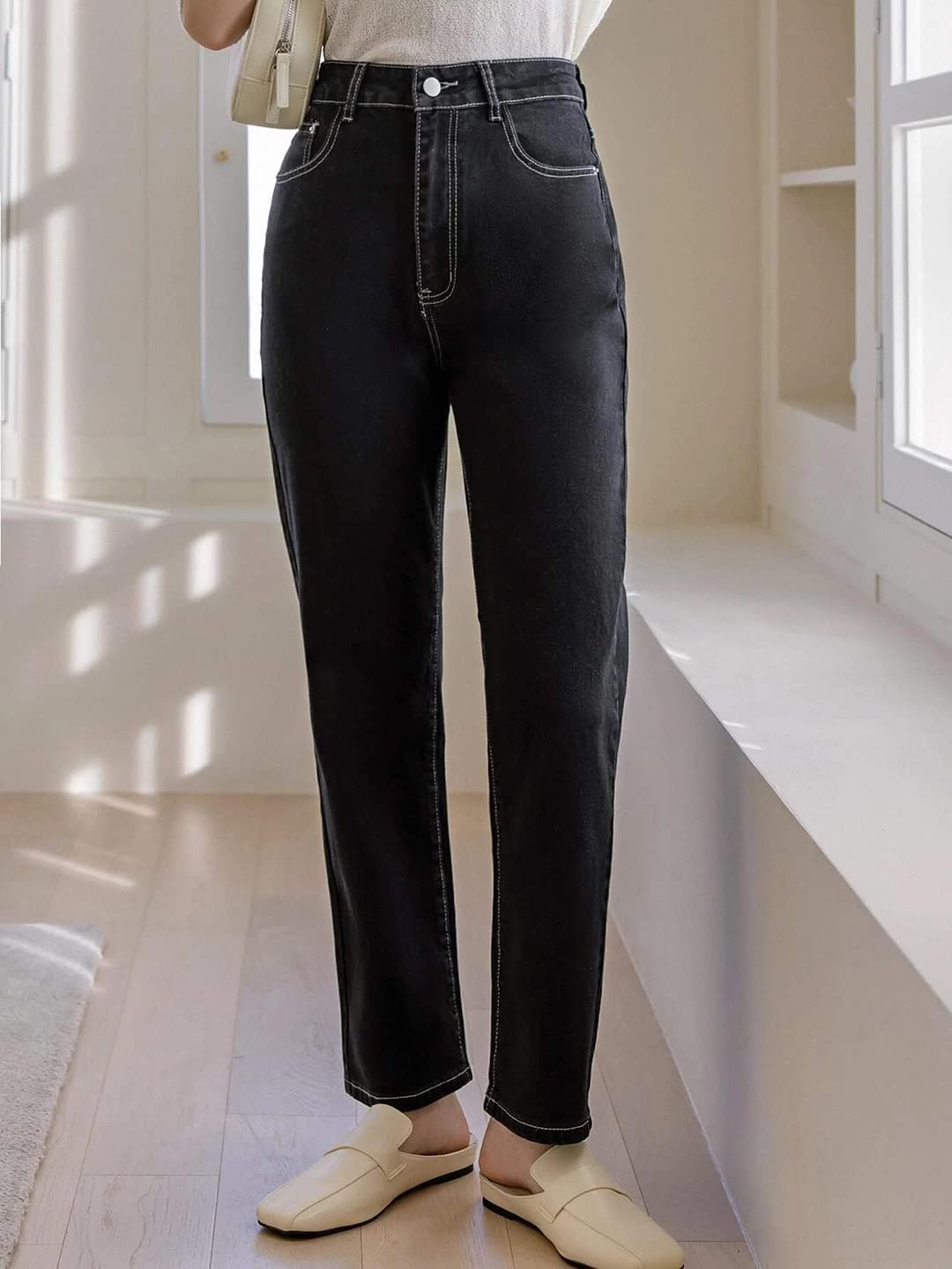 KOTTY Women High Rise Cotton Lycra Regular Length Slim Fit Solid Jeans Jet Black