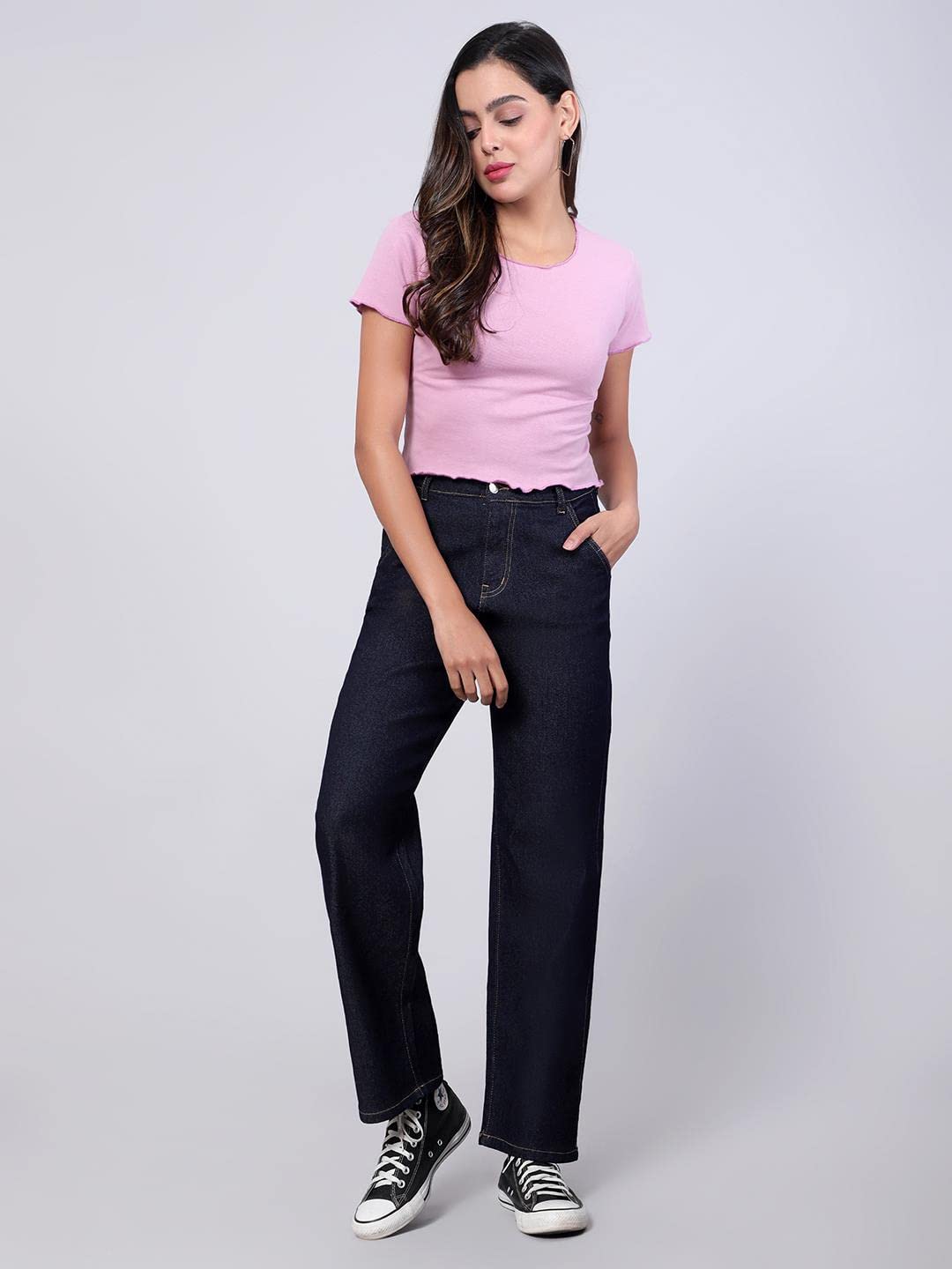 KOTTY Women's High Rise Cotton Lycra Blend Ankle Length Relaxed Fit Jeans