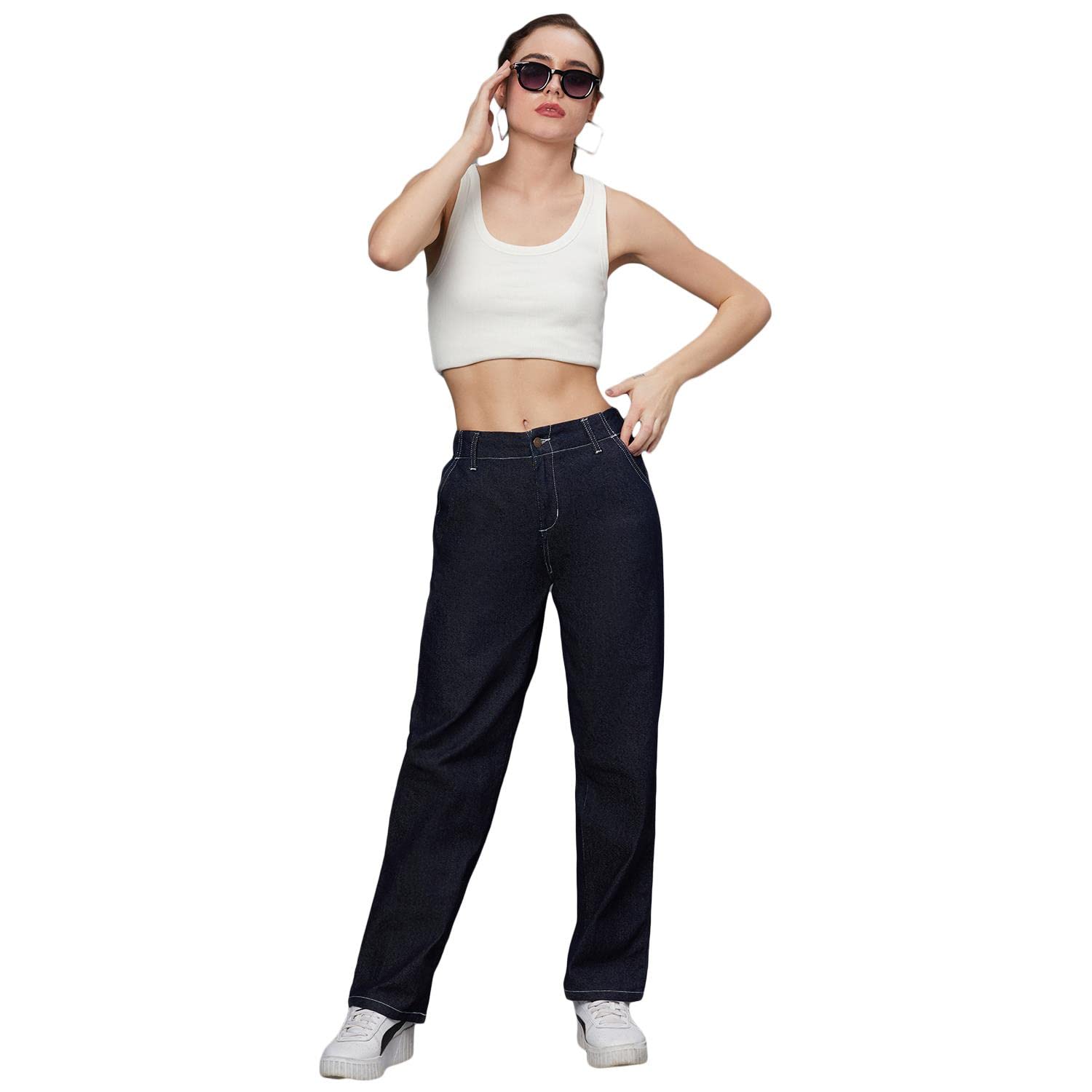 KOTTY Women's High Rise Cotton Lycra Blend Ankle Length Relaxed Fit Jeans