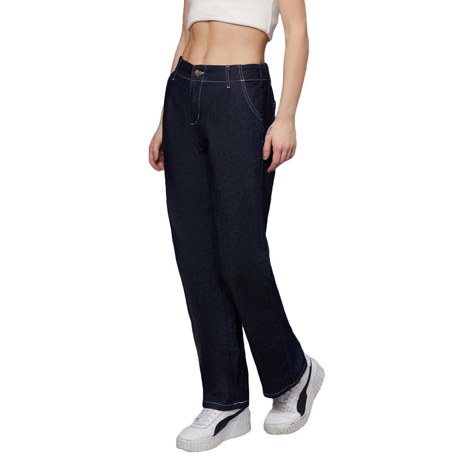 KOTTY Women's High Rise Cotton Lycra Blend Ankle Length Relaxed Fit Jeans