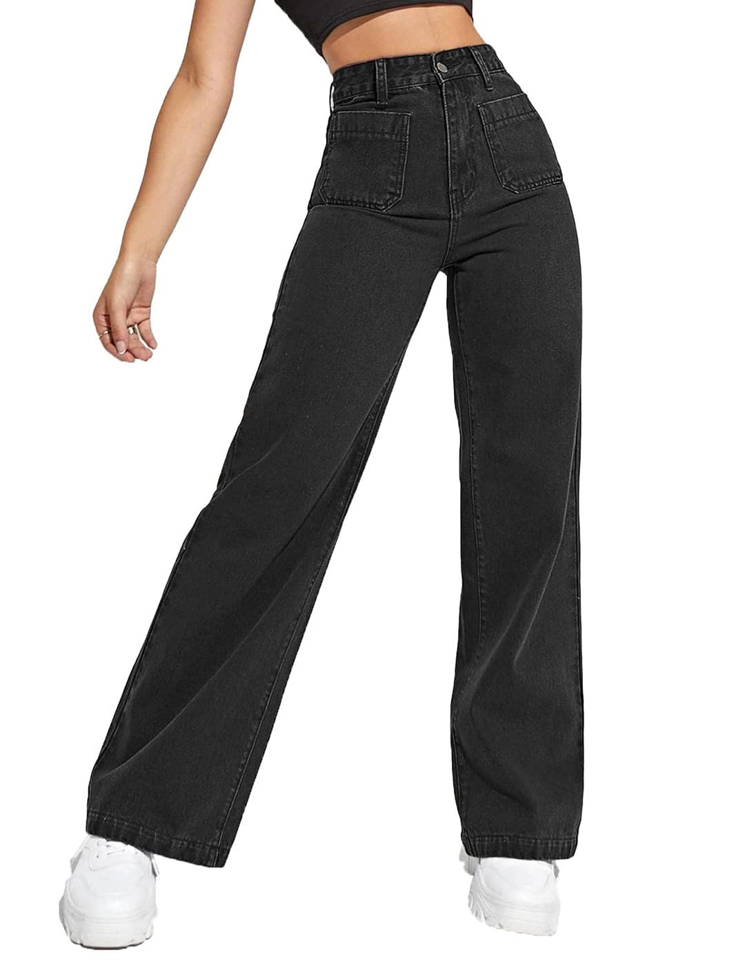 KOTTY Women's High Rise Cotton Lycra Blend Ankle Length Relaxed Fit Jeans, Black, 34