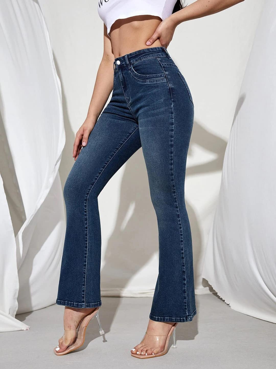 KOTTY Womens Cotton Lycra Blend Bootleg Fit High Rise Jeans Denim Blue