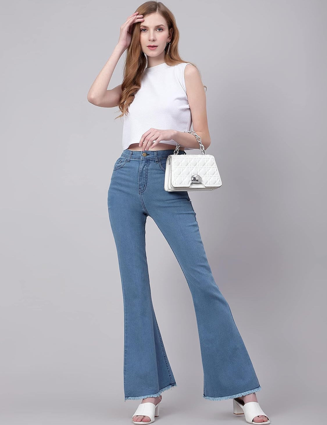 KOTTY Womens Cotton Lycra Blend Bootleg Fit High Rise Jeans Sky Blue