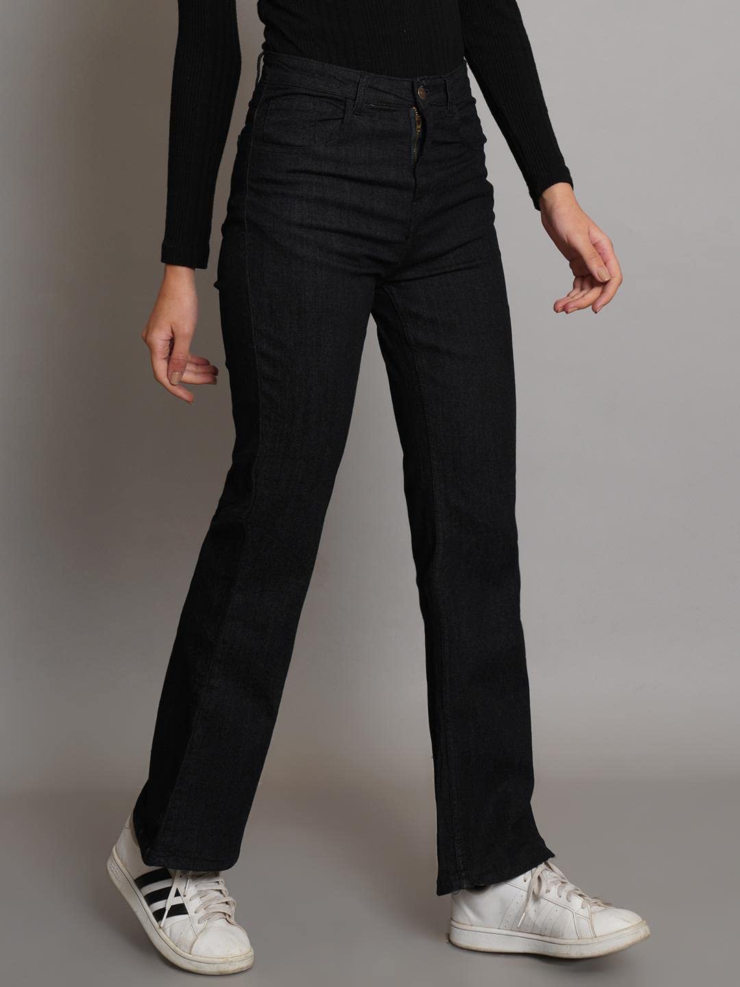 KOTTY Womens Cotton Lycra Blend Bootleg Fit High Rise Jeans Oil Black
