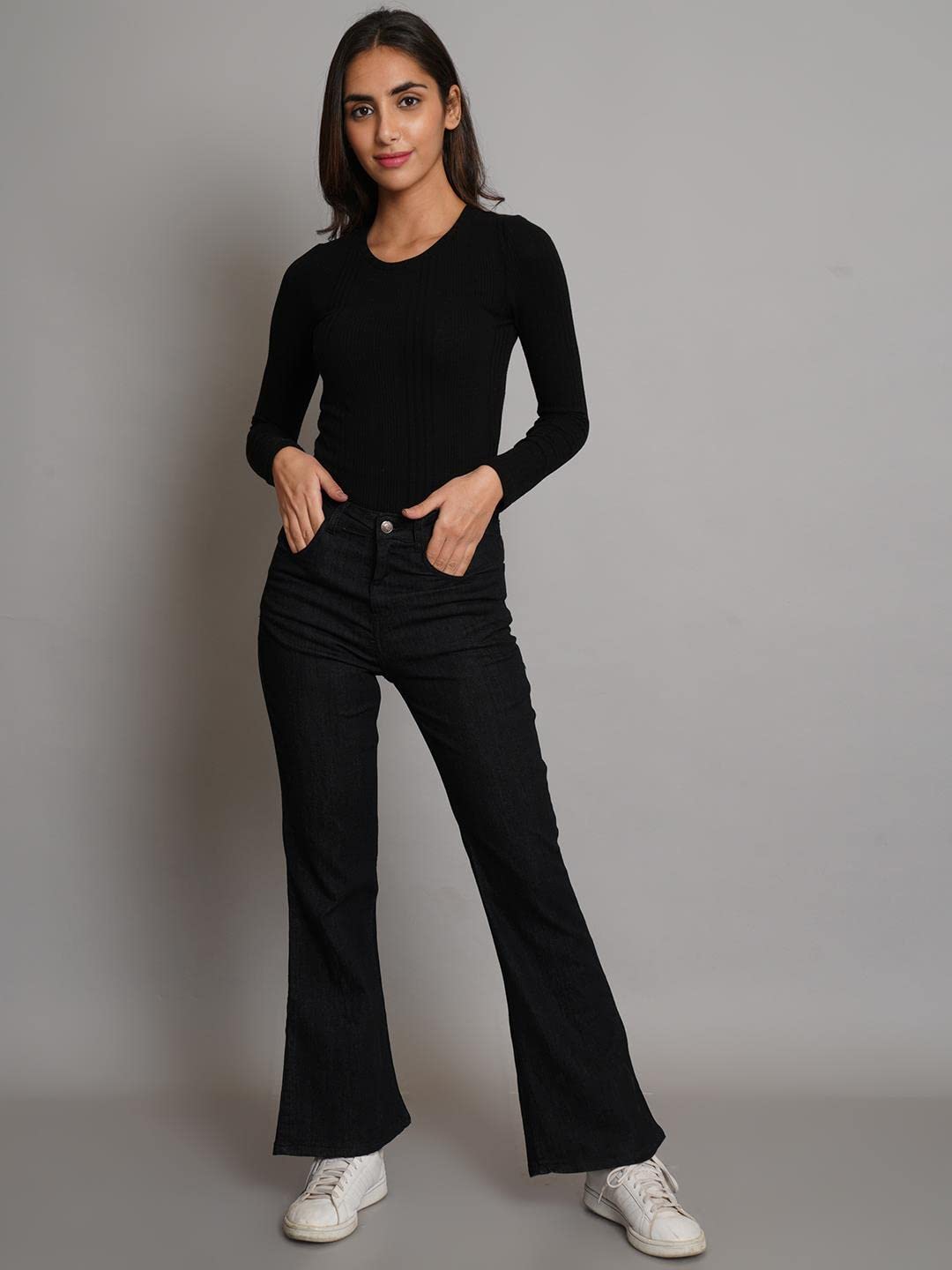 KOTTY Womens Cotton Lycra Blend Bootleg Fit High Rise Jeans Oil Black