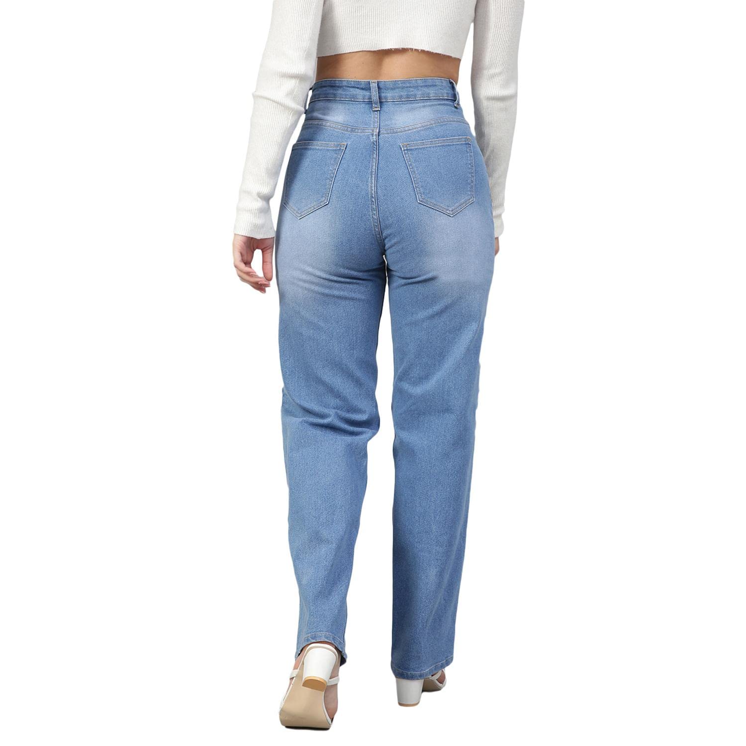 KOTTY Women's High Rise Cotton Lycra Blend Ankle Length Relaxed Fit Jeans Light Blue