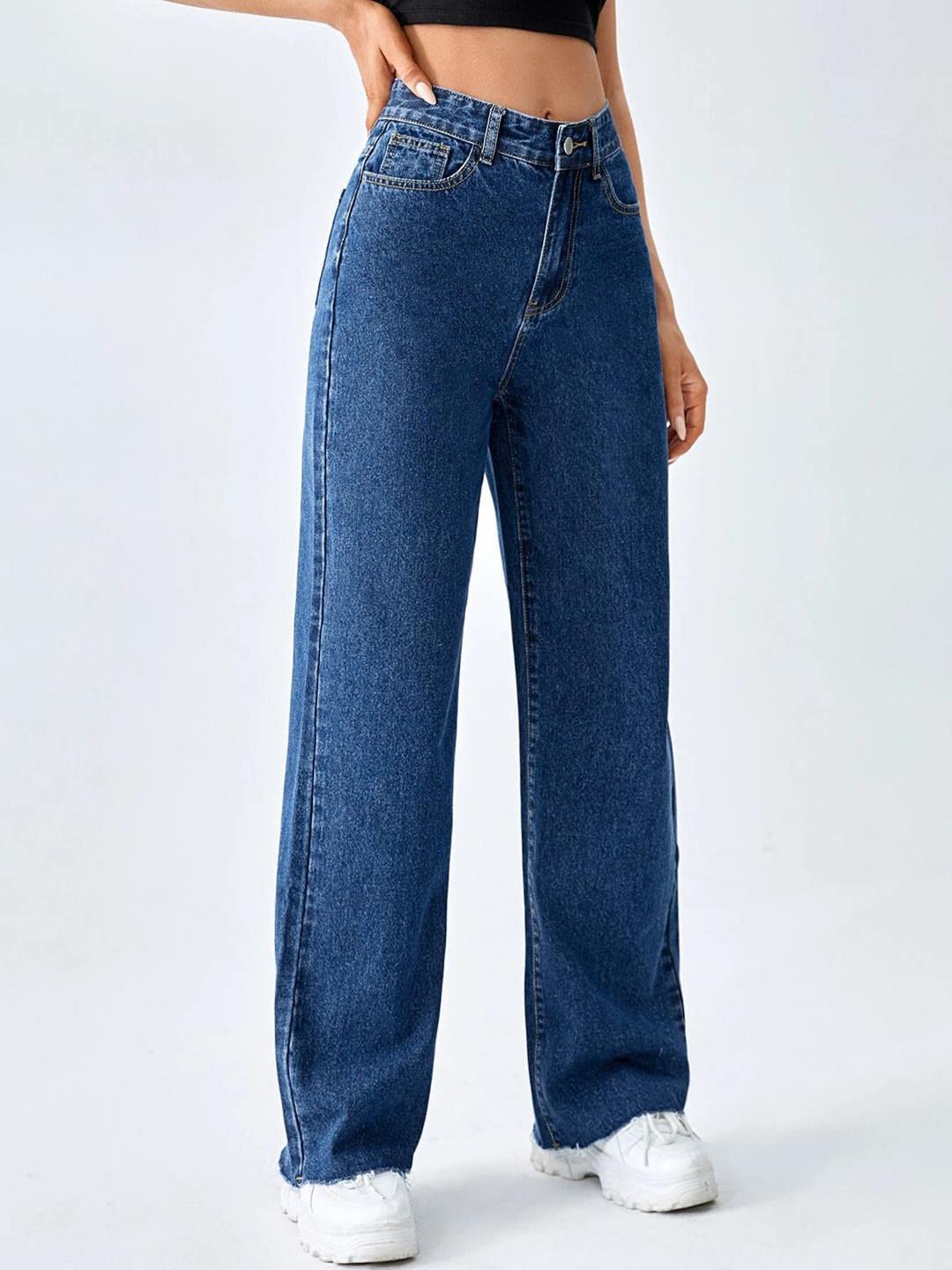 KOTTY Women's High Rise Cotton Lycra Blend Ankle Length Relaxed Fit Jeans, 34, Blue