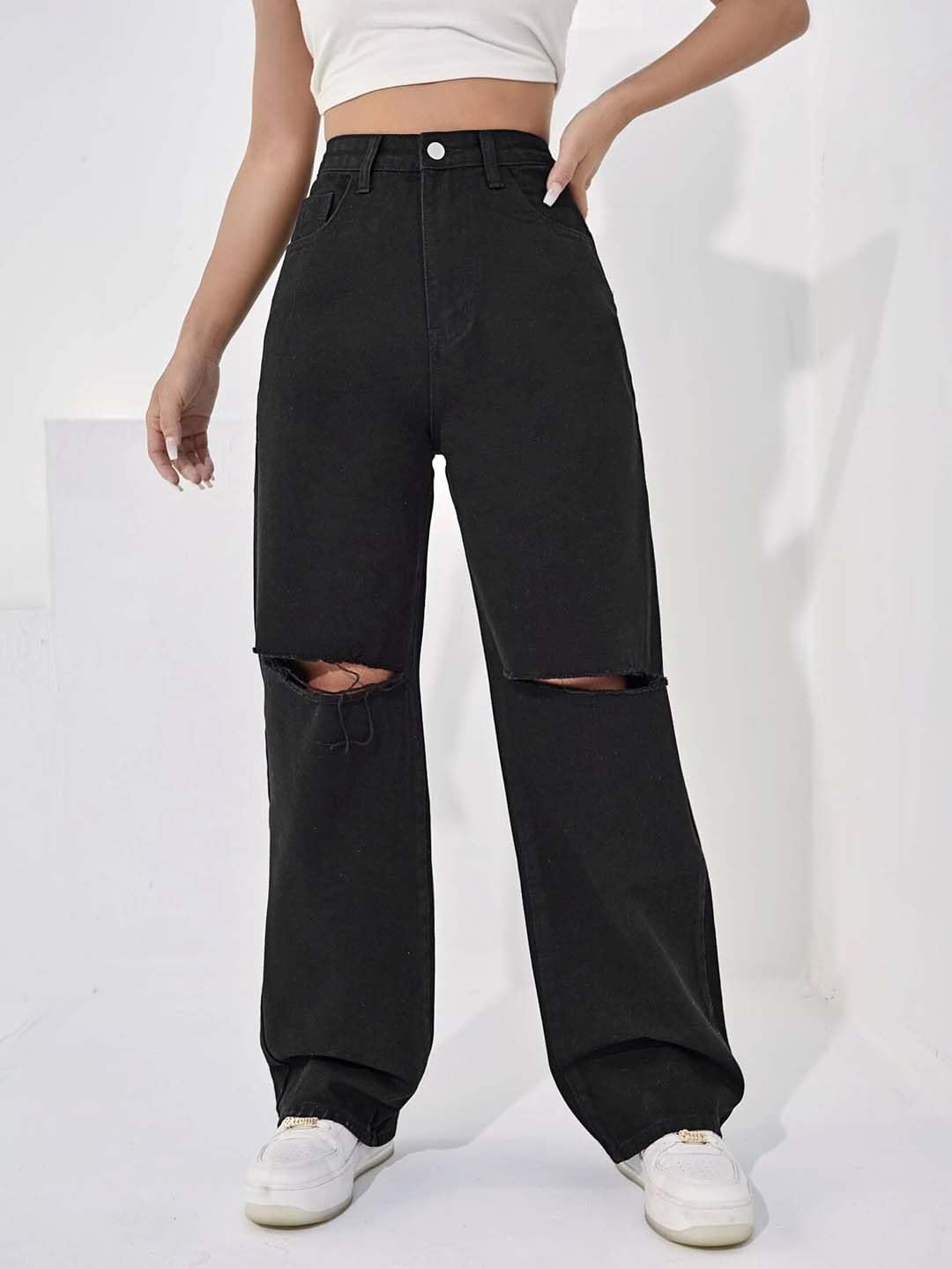 KOTTY Womens Solid High Rise Cotton Lycra Blend Relaxed Fit Jeans Jet Black