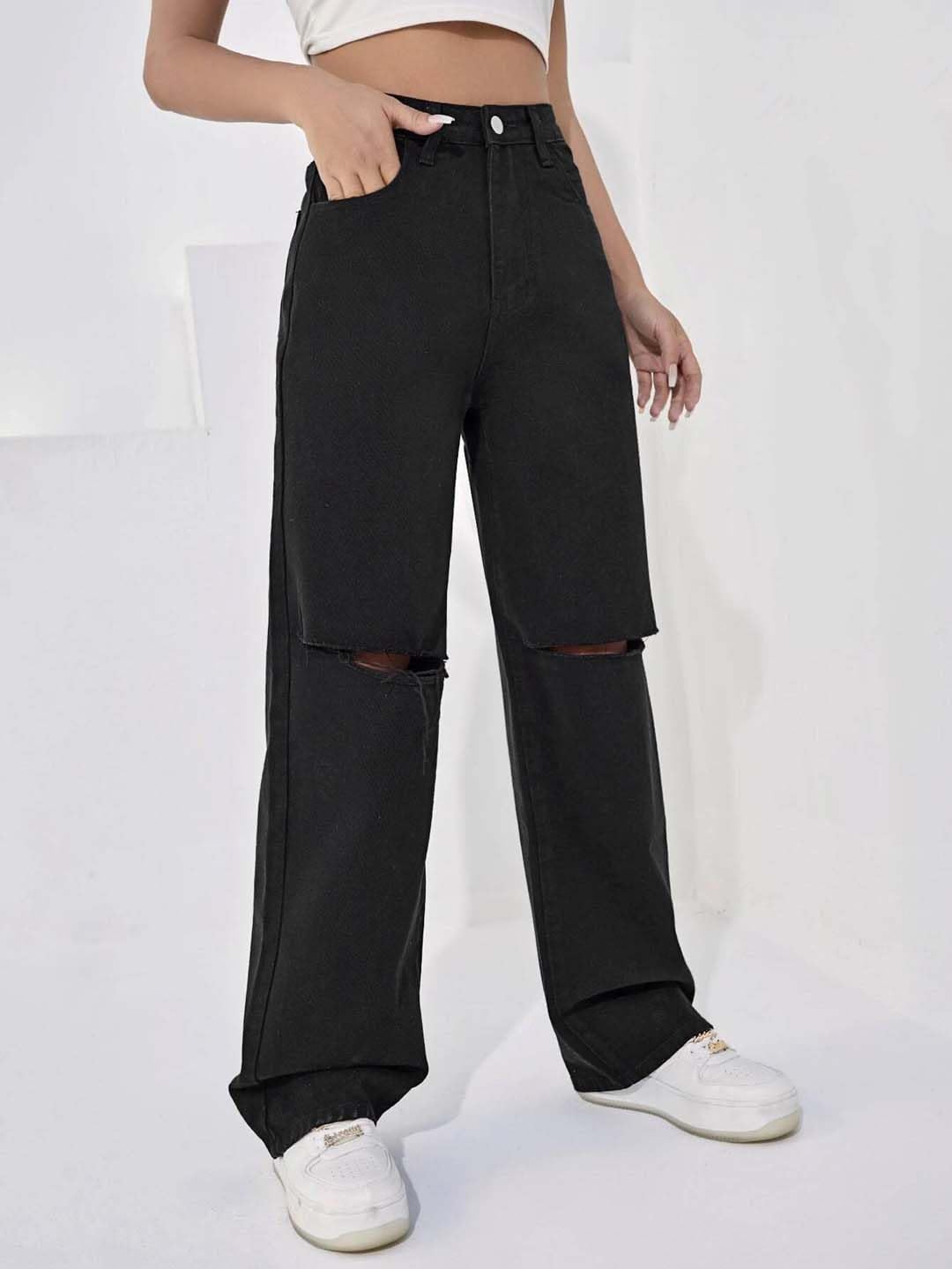 KOTTY Womens Solid High Rise Cotton Lycra Blend Relaxed Fit Jeans Jet Black
