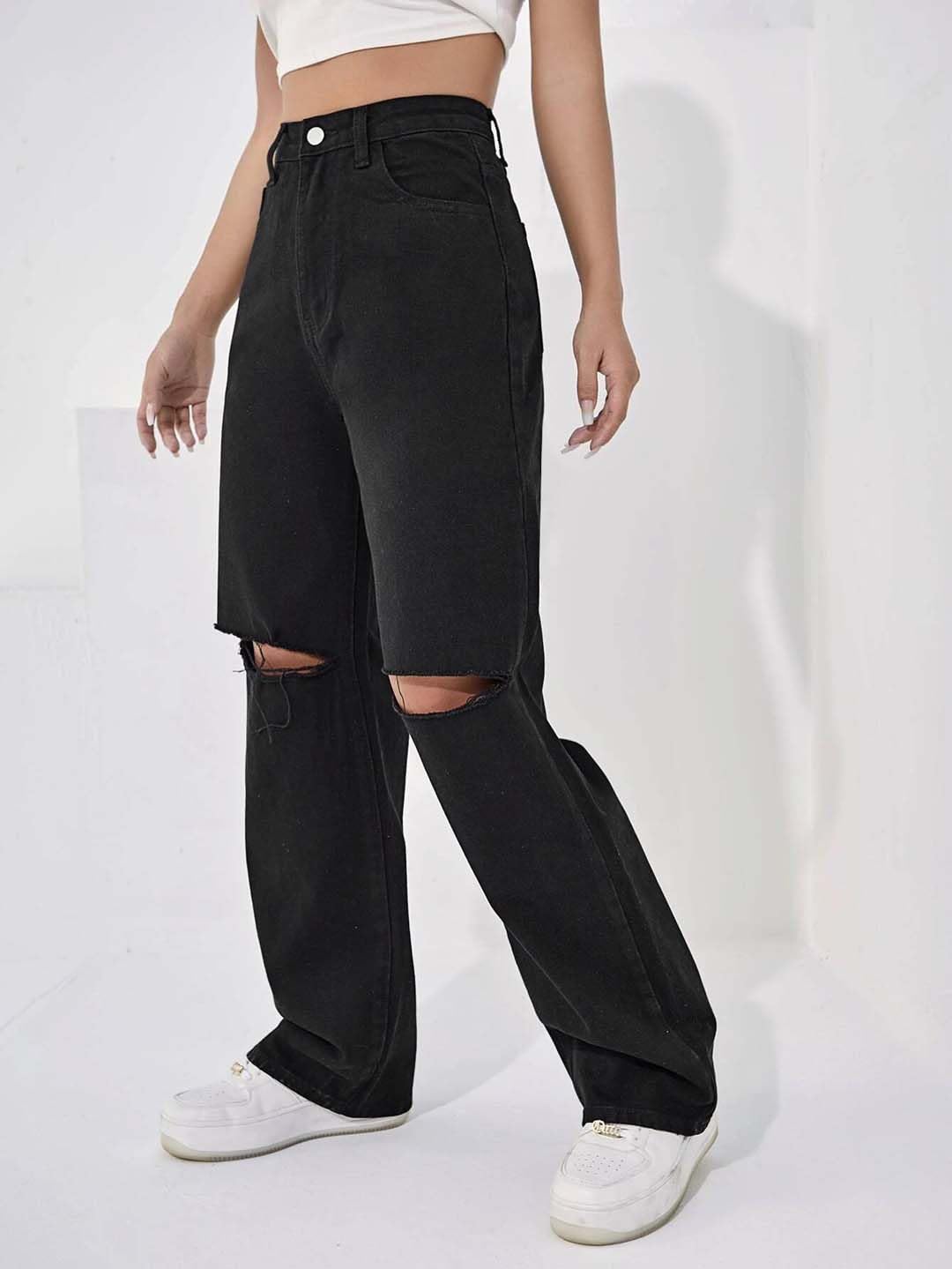 KOTTY Womens Solid High Rise Cotton Lycra Blend Relaxed Fit Jeans Jet Black