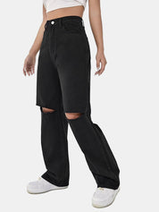 KOTTY Womens Solid High Rise Cotton Lycra Blend Relaxed Fit Jeans Oil Black