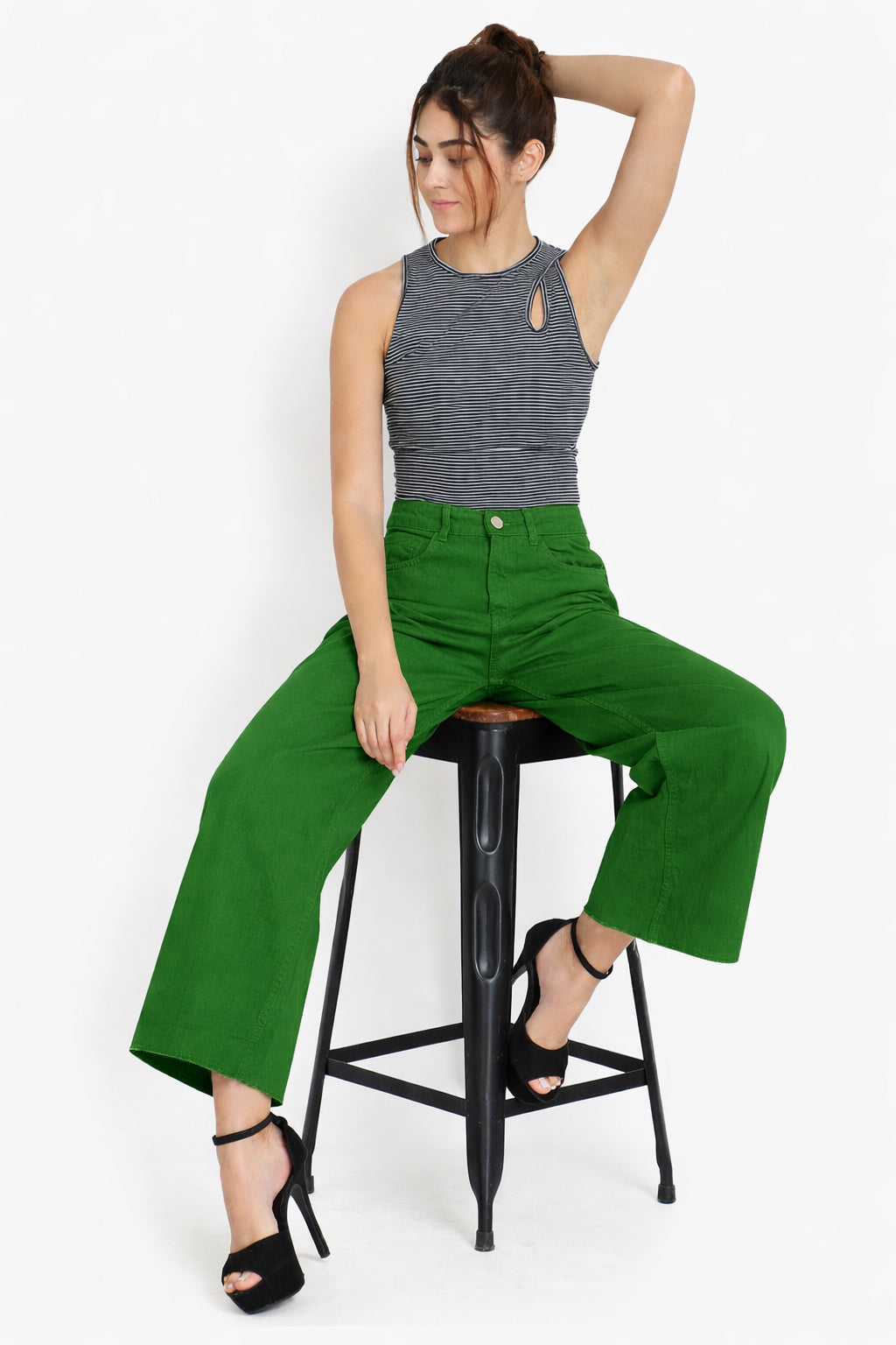 Women Green High Waist Wide Leg Jeans