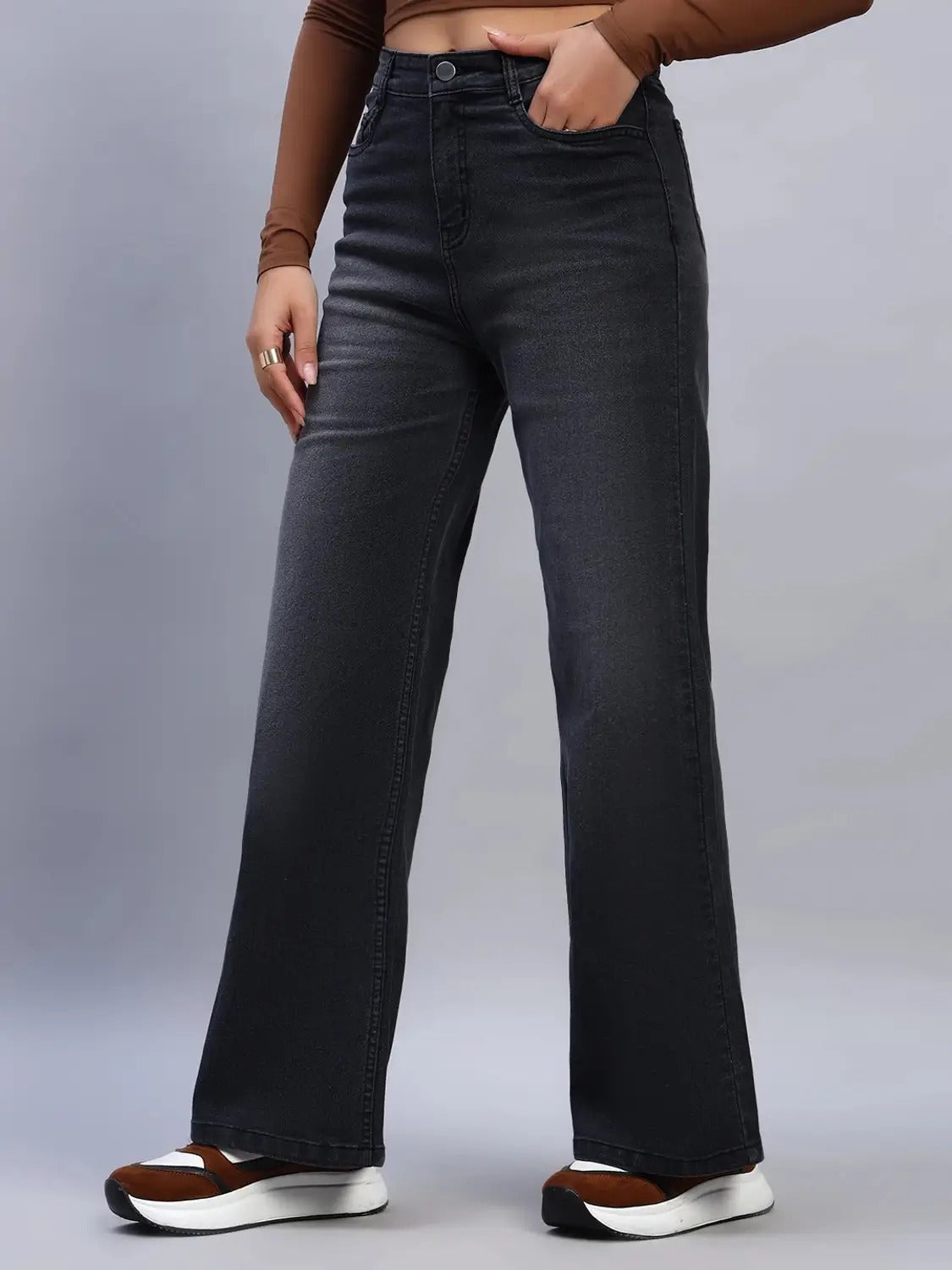 High Waist Wide Leg Black Denim Jeans for Women
