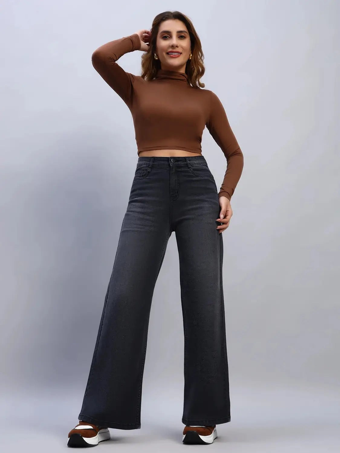 High Waist Wide Leg Black Denim Jeans for Women