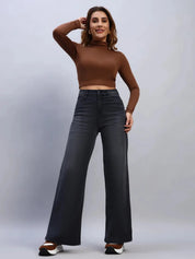 High Waist Wide Leg Black Denim Jeans for Women
