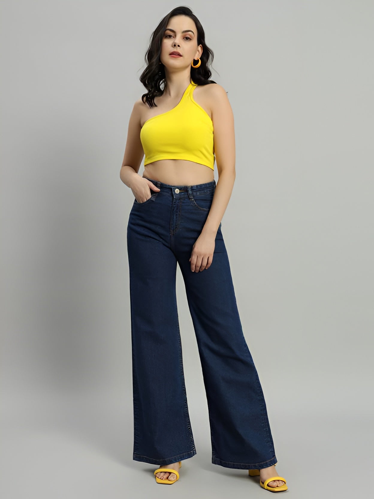 Women's High Waist Wide Leg Dark Blue Denim Jeans