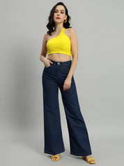 Women's High Waist Wide Leg Dark Blue Denim Jeans