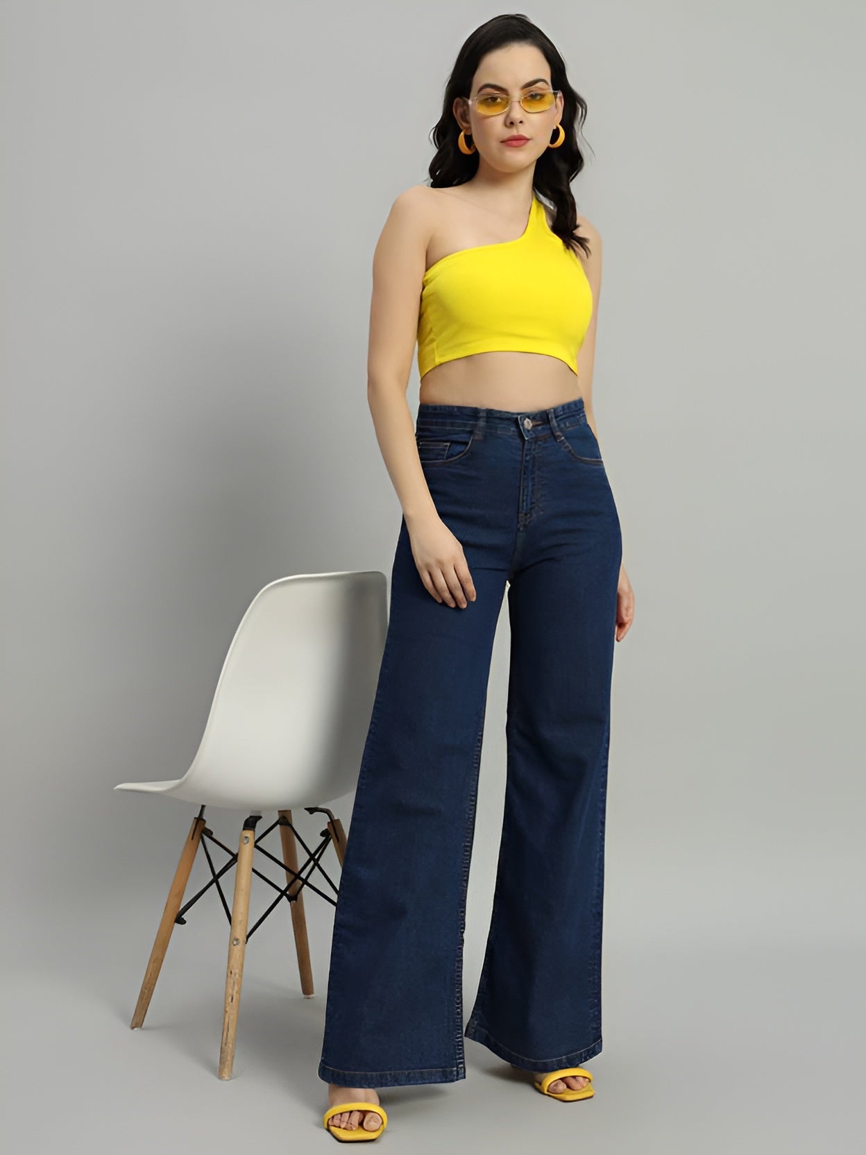 Women's High Waist Wide Leg Dark Blue Denim Jeans