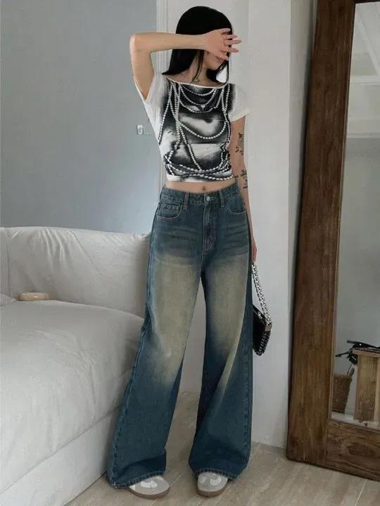 Blue Sun-Faded Wide Leg Jeans
