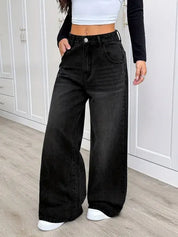 Women High Waist Wide Leg Black Denim Jeans