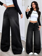 Women High Waist Wide Leg Black Denim Jeans