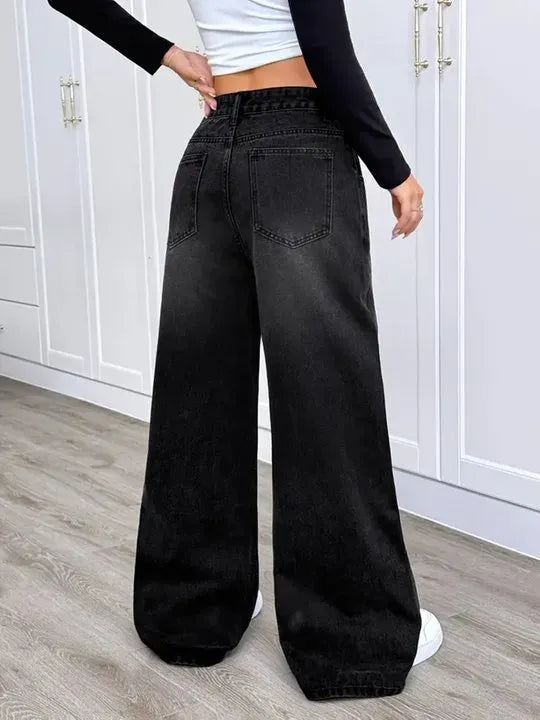 Women High Waist Wide Leg Black Denim Jeans
