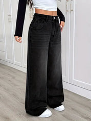 Women High Waist Wide Leg Black Denim Jeans