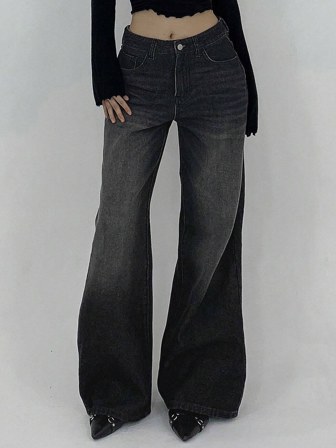 Grey Flare Wide Leg Jeans