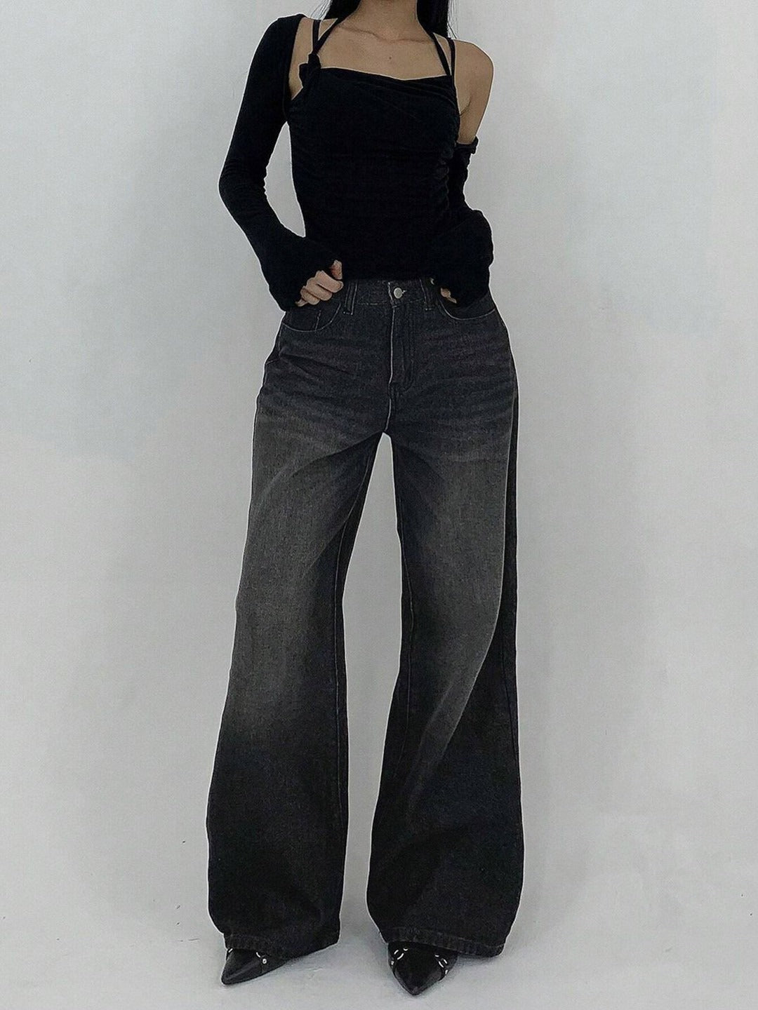 Grey Flare Wide Leg Jeans