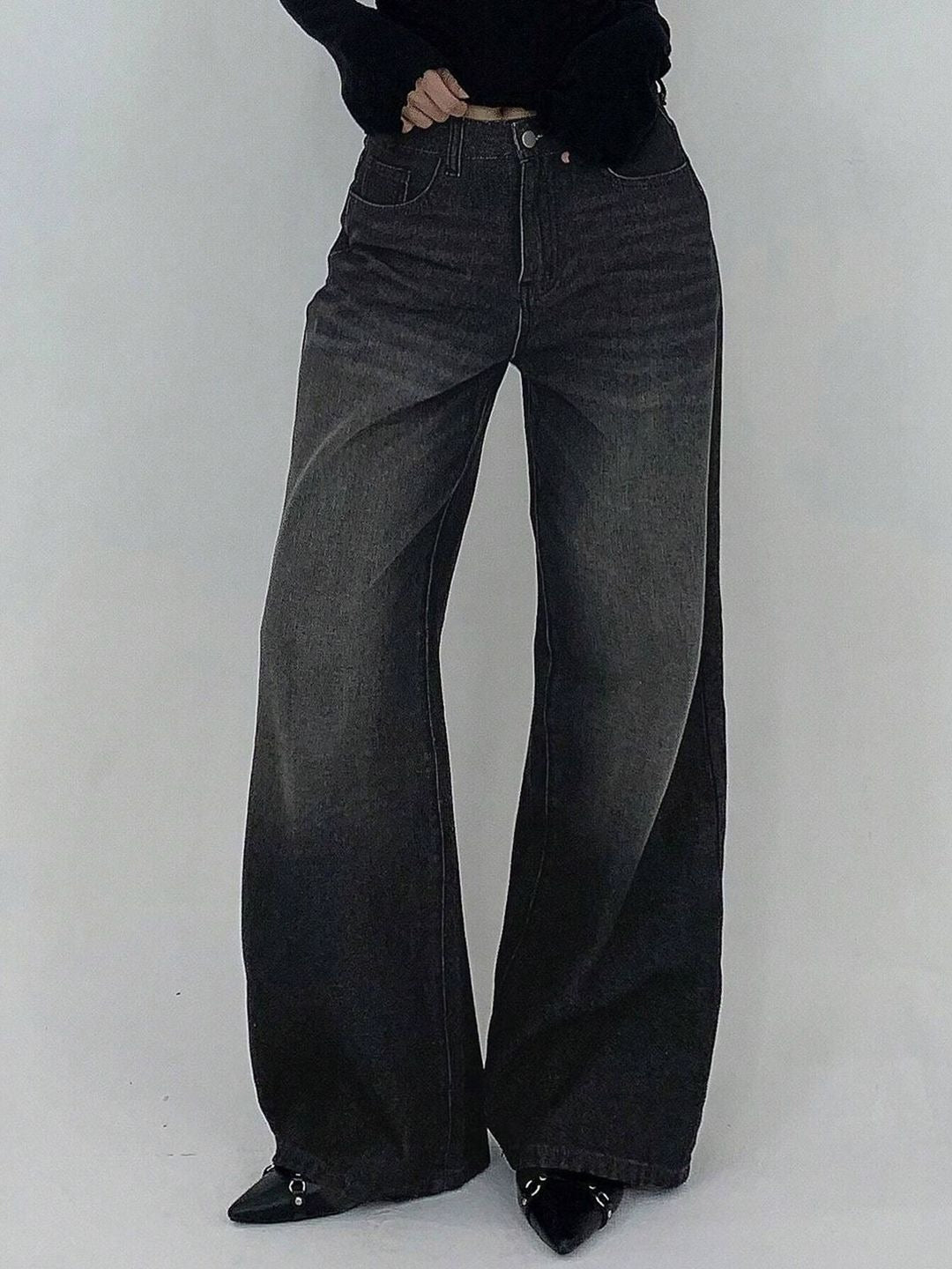 Grey Flare Wide Leg Jeans