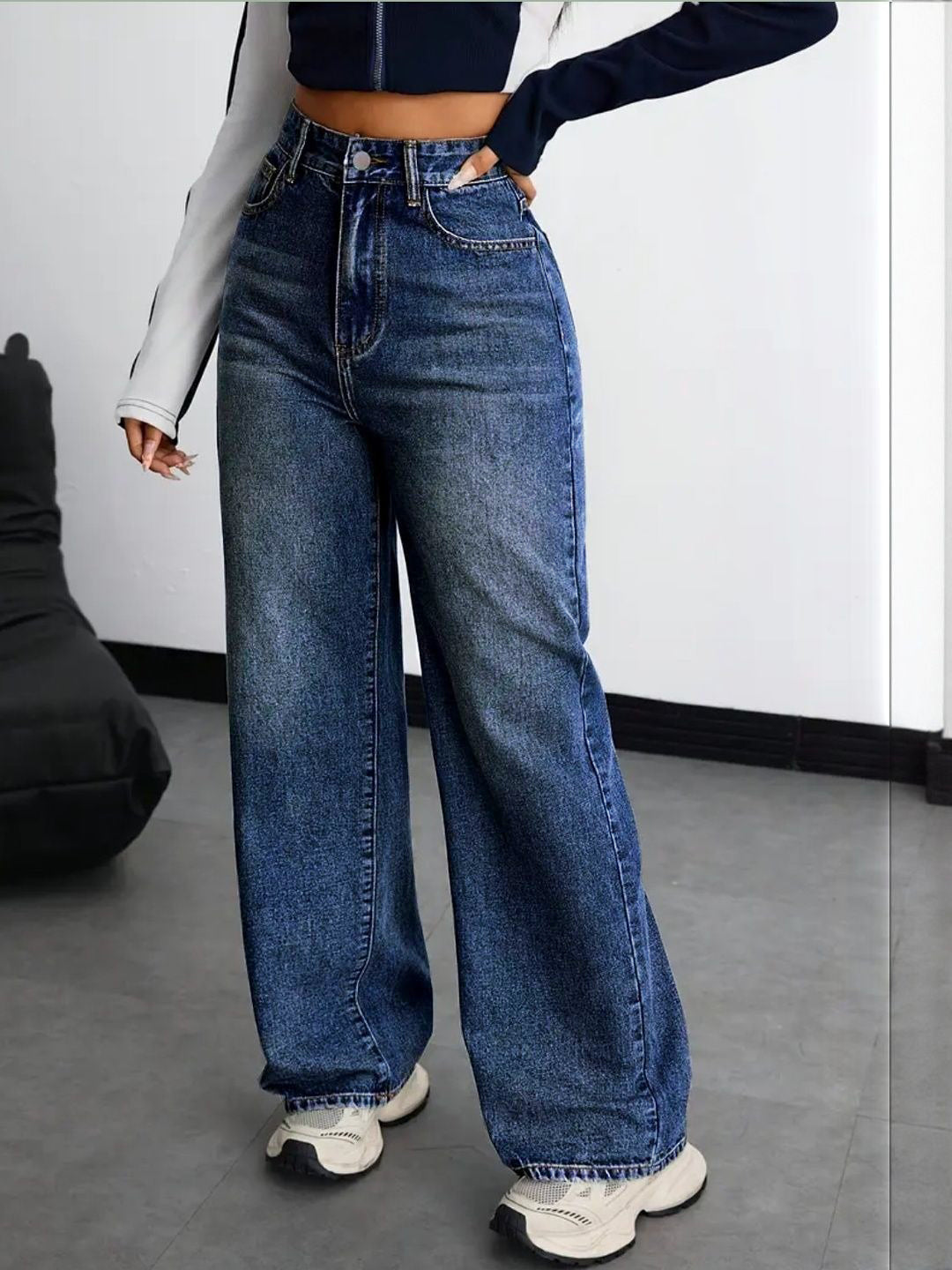 Dark Blue Elastic Hem Jeans