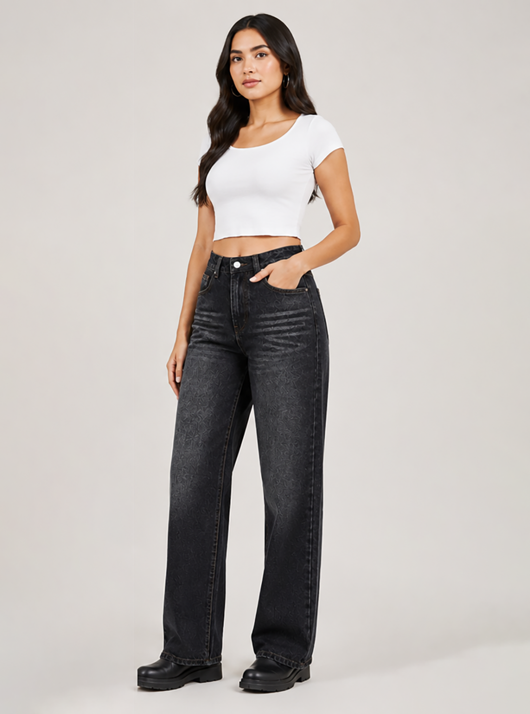 Black Acid Wash Wide Leg Jeans