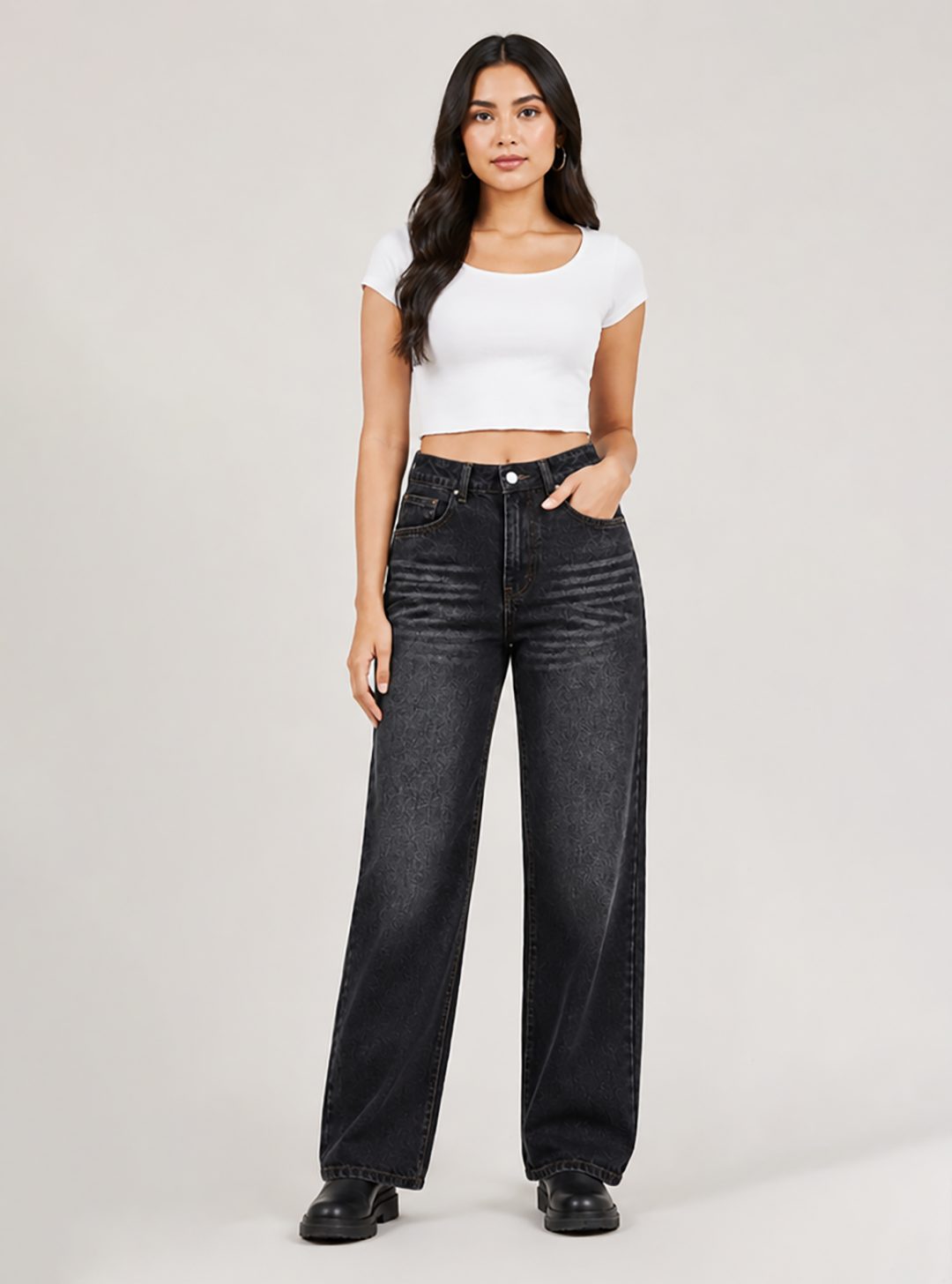 Black Acid Wash Wide Leg Jeans