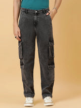 Men's Grey Cargo Jeans Multi Pocket Casual Denim