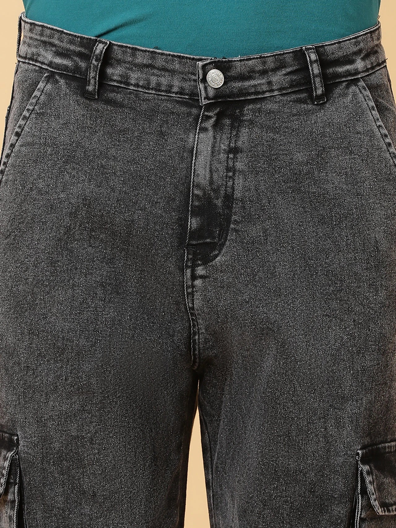 Men's Grey Cargo Jeans Multi Pocket Casual Denim